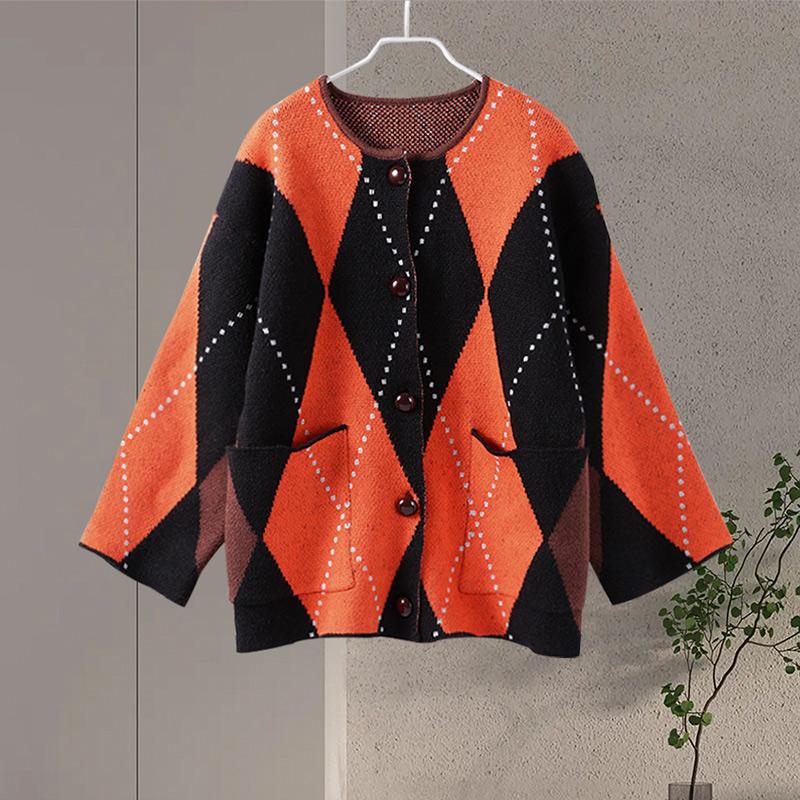 

Мохеровый клетчатый контрастный женский свитер с круглым вырезом и длинными рукавами, женский кардиган 2025 года, весенняя мода, свободный однобортный женский трикотаж L чёрный/оранжевый