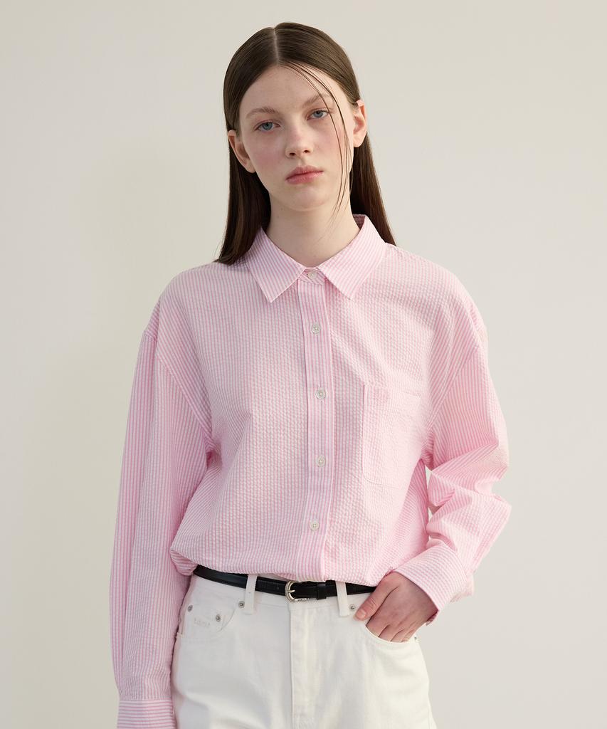 Tudment (Seersucker) Classic Stripe Shirt Pink