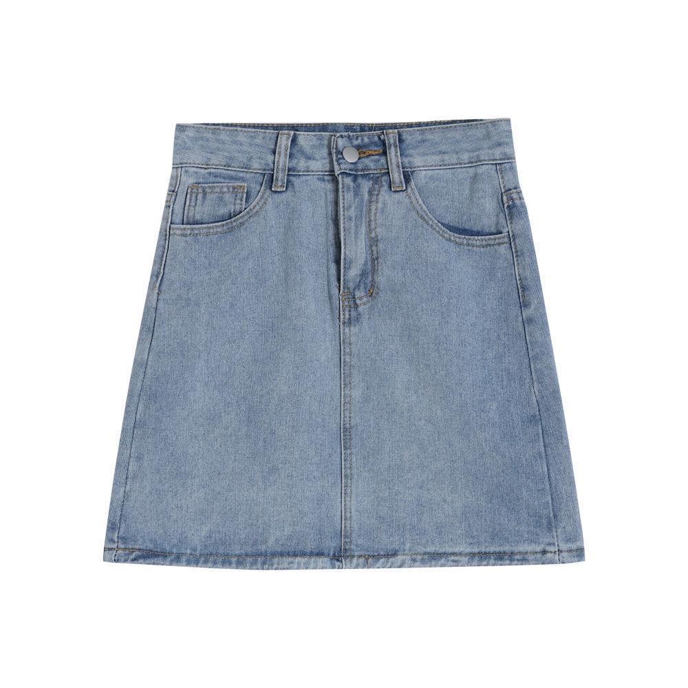 Summer Korean Retro High-Waist Petite Denim Midi Skirt for Women - Hip-Hugging, Slimming A-Line Skirt