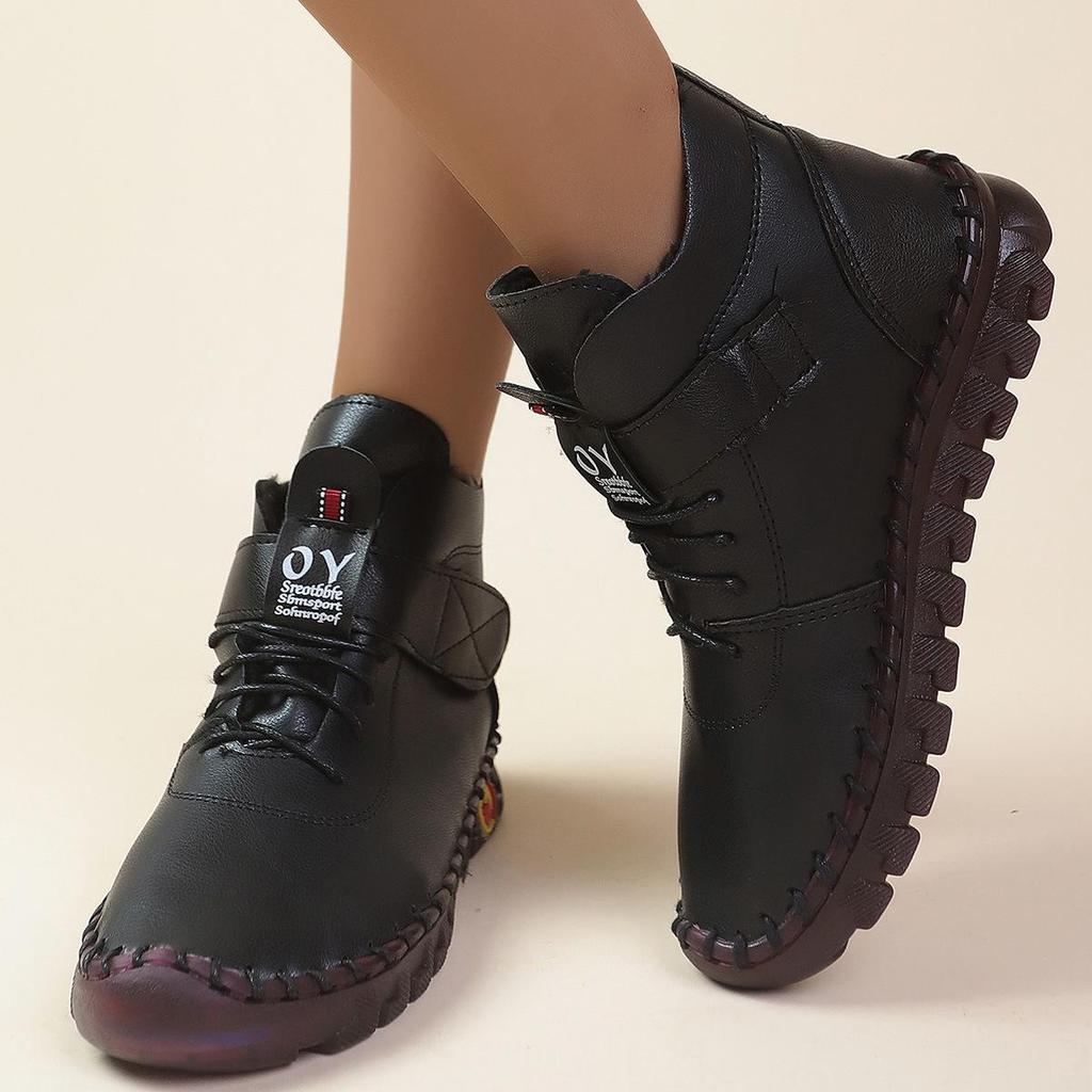 2024 Autumn/Winter Plus Size Women’s Leather Ankle Boots, Round Toe Flat Heel Velcro Style