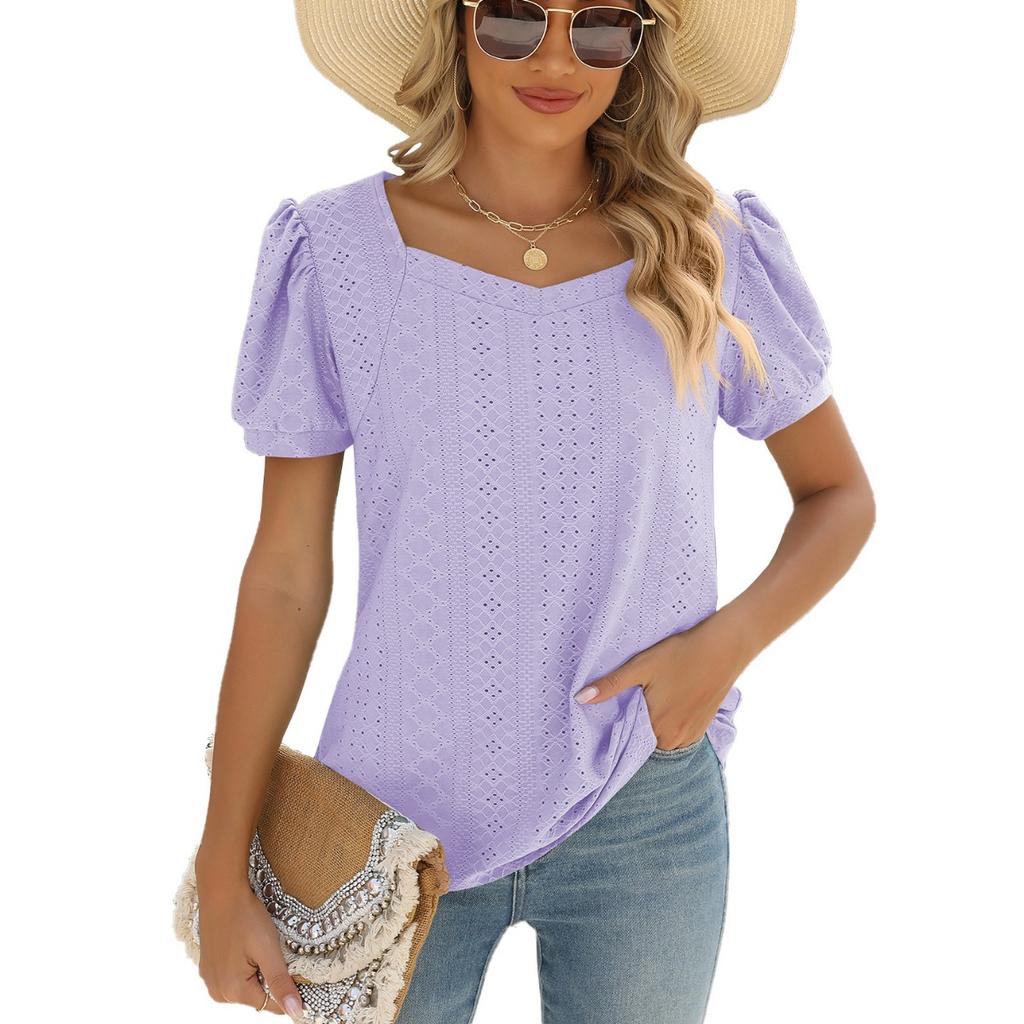 Spring Summer New Women's Solid Color Square Neck Puff Short Sleeve T-shirt Loose Casual Top For European American Cross-border