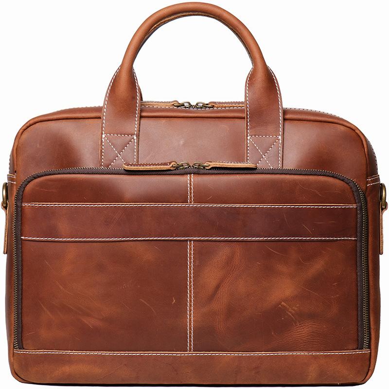 Leather Men'S Handbag Crazy Horse Leather Women'S One Shoulder Oblique Briefcase Large Capacity Computer Bag