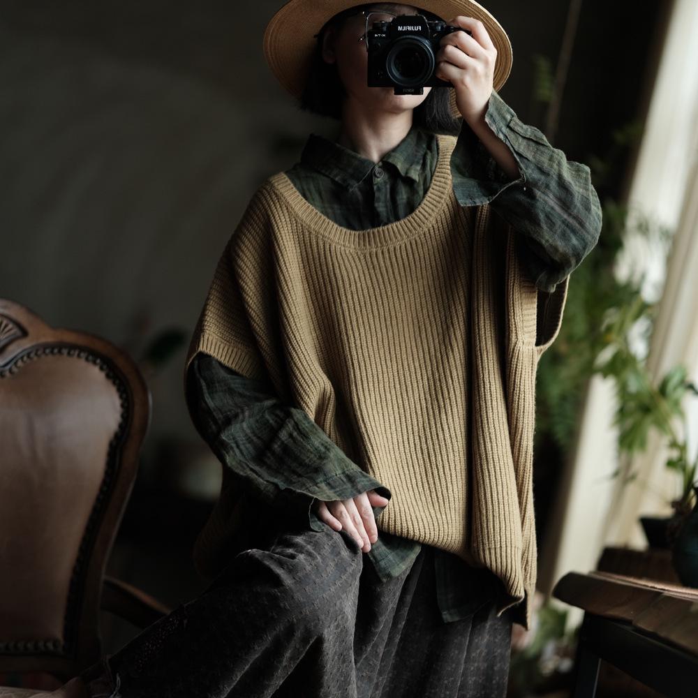 Retro Earth Yellow Wool Oversized Vest Sweater - Autumn Collection