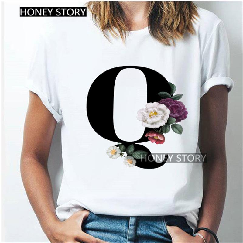 Kawaii English Alphabet Flowers Graphics Female T-Shirt 90S Summer Loose Short Sleeve Round Neck Female Tops Clothing