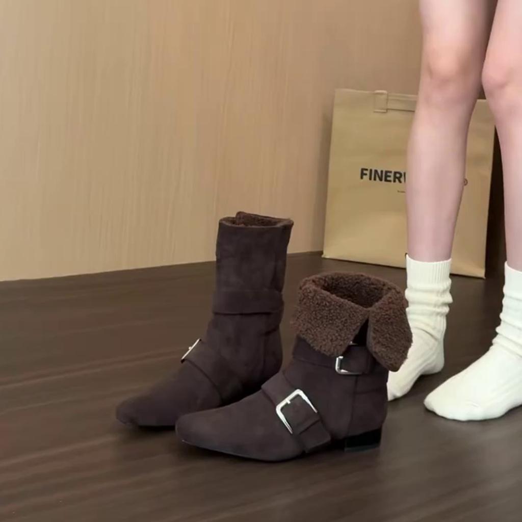 Cowhide Version Retro Denim Short Boots with Velvet Temperament Thick Heel and Thin Two Wear Belt Buckle Can Be Folded Women's Western Boots