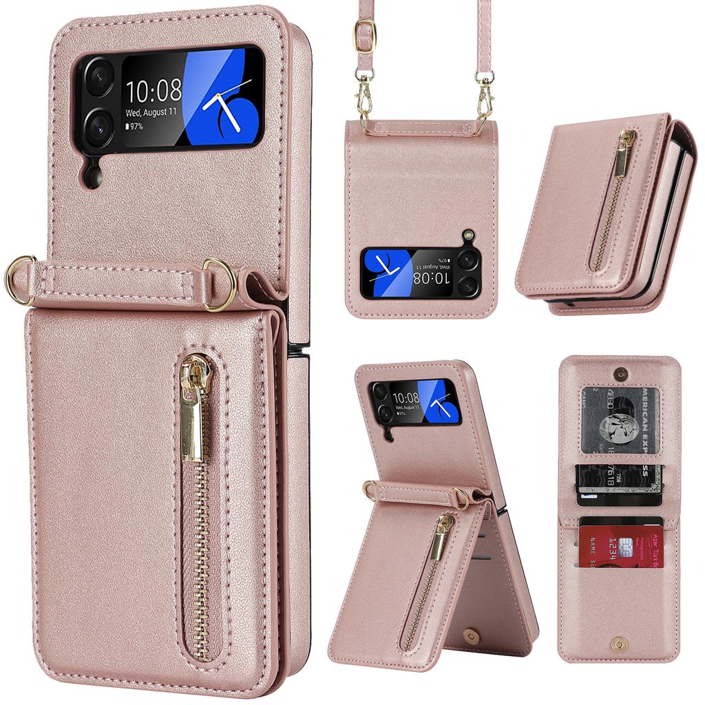 כיסוי טלפון לארנק Crossbody עם רוכסן עבור Samsung Galaxy Z Flip 4 3 Z Flip 4 Z Flip3 5G חריץ כרטיס כיסוי עור ארנק שרוך