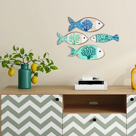 4Pcs/Set Wooden Fish Coastal Wall Art, Handcrafted Fish Wall Decoration, Rustic Nautical Fish Wall Sculpture for Living Room, Lake House, Bathroom