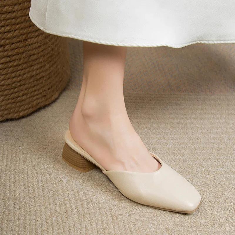 Fashion Baotou Slippers Women's 2025 New Korean Fashion Solid Color Leather Face Thick Heel Fairy Style Slippers Zapatillas De Mujer