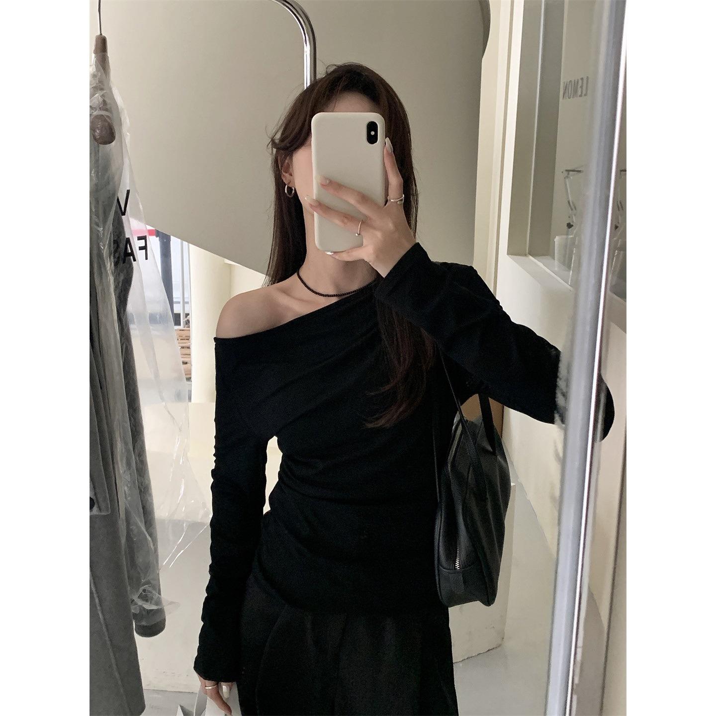 

American one-word collar sexy off-the-shoulder long-sleeved T-shirt for women s spring and autumn pure desire spice girl high S чёрный