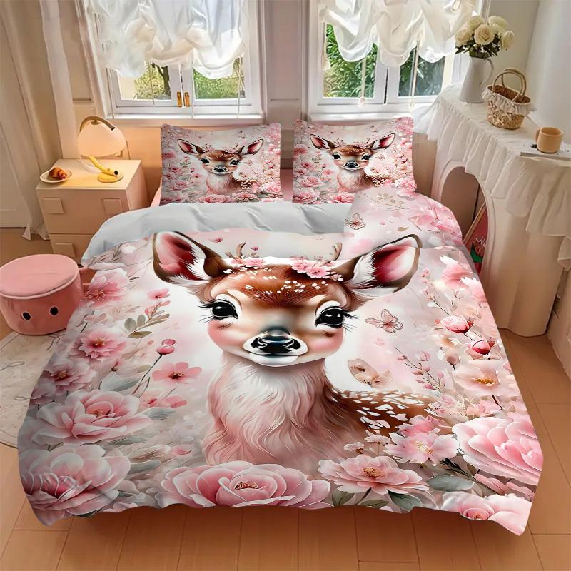 Floral Deer Fantasy Scene Print 3Pcs Bedding Setduvet Cover With 2 Bedropillowcase Home Birthday Gift