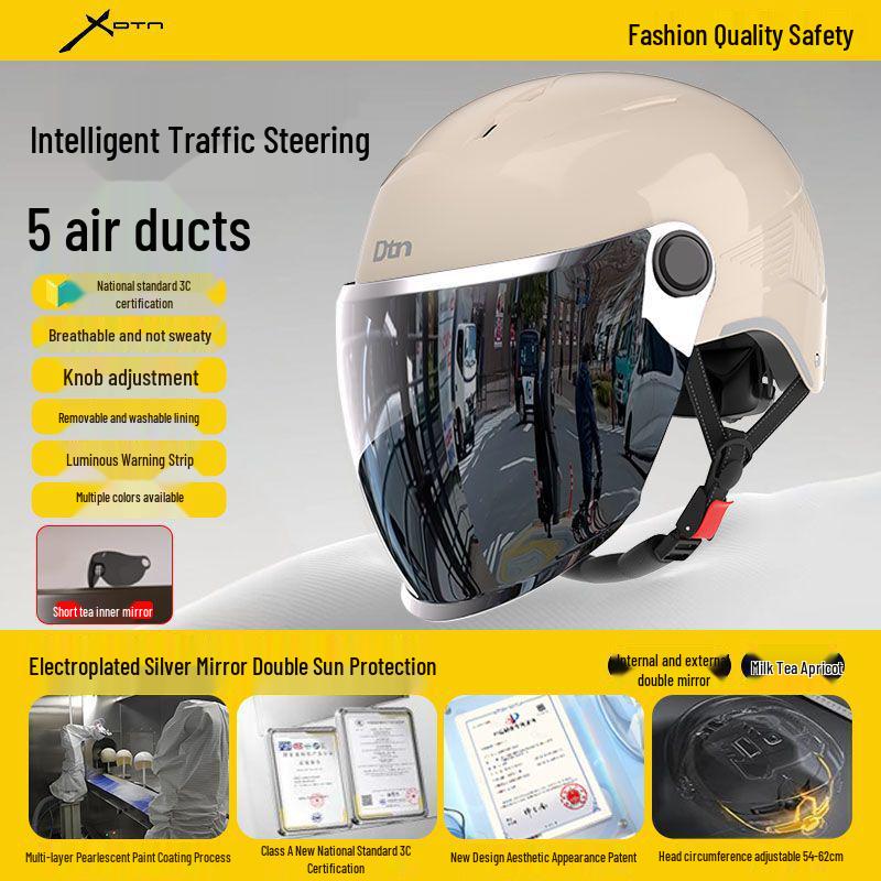 3C Certified Electric Vehicle Half Helmet with Double Visor for Large Head Circumference - All-Season, Unisex Long Visor - Full Cover + Anti-Dazzle
