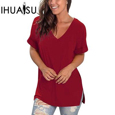 Summer V-neck Solid Color Side Slit Short Sleeve Loose T-shirt for Women