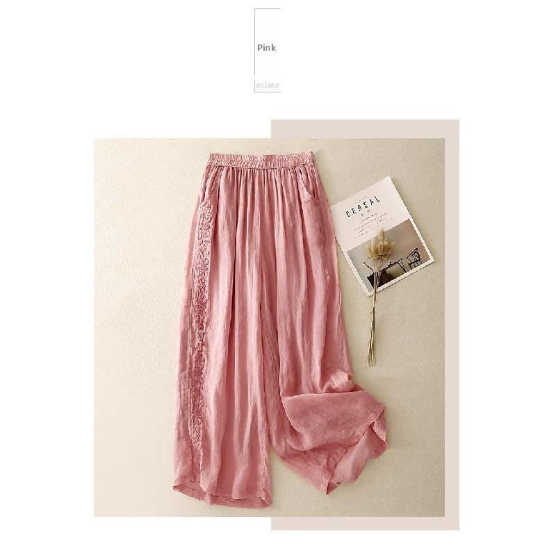 Vintage Embroidered Women's Wide-Leg Pants for Mothers, Summer Thin Elastic Waist Loose Casual Fashion Nine-Point Pants