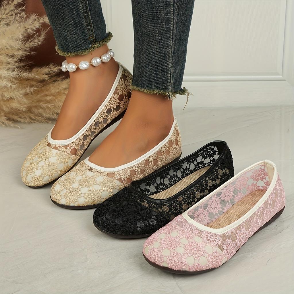 Modische Ballerinas für Damen mit floralem Spitzendetail – atmungsaktiv, zum Hineinschlüpfen, Loafer mit runder Zehenpartie, Design, ganzjähriger Komfort, Ballerinas