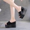 High-heeled wedge slippers summer rhinestone cloth surface fish mouth muffin thick bottom one-word drag