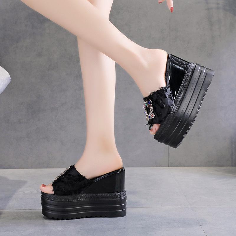High-heeled wedge slippers summer rhinestone cloth surface fish mouth muffin thick bottom one-word drag