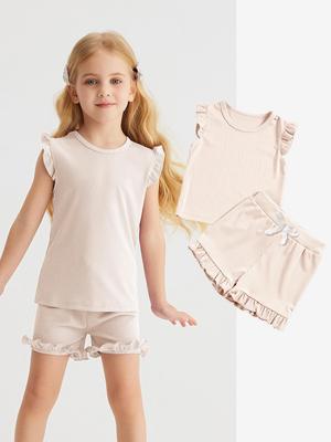 Sommer-Puffärmel-Kurzset für Mädchen - Einfarbig, 100% Polyester