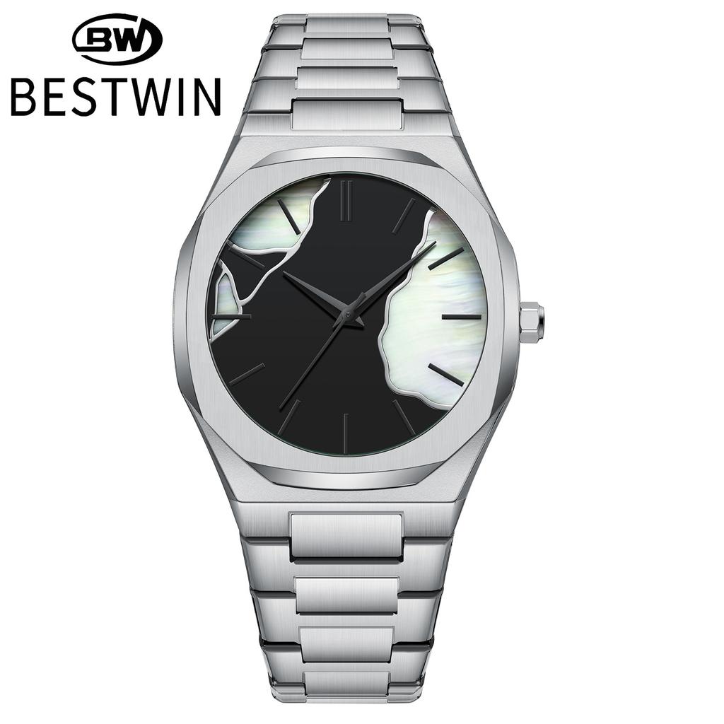 Fashion Bestwin Men's Waterproof Luxury Watch With Shell Dial Quartz Movement Full Stainless Steel Business Casual Wrist Watches