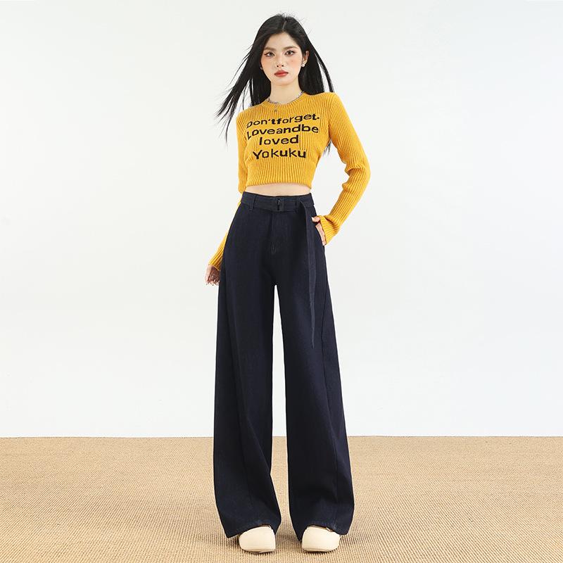

Women s High-Waisted Elastic Dark Blue Wide-Leg Jeans: Slimming Petite Straight-Leg Pants for Autumn/Winter M