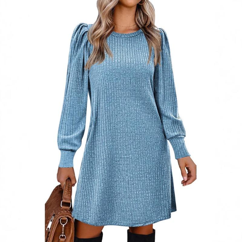 Herbst/Winter Kollektion Einfarbiges Rundhals-Langkleid für Damen