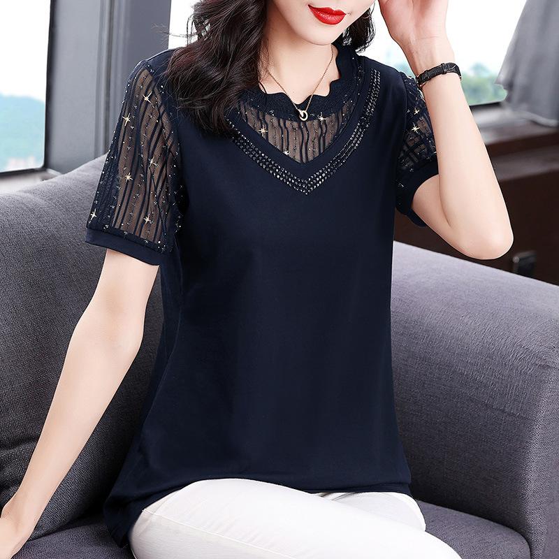 Mesh Short-sleeved T-shirt Women's Large Size New Mother's Diamond-inlaid Top
