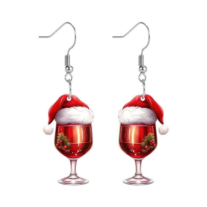 Wine Glass Christmas Hat Acrylic Earrings Suitable for Ladies Fashion Christmas Holiday Party Christmas Gifts