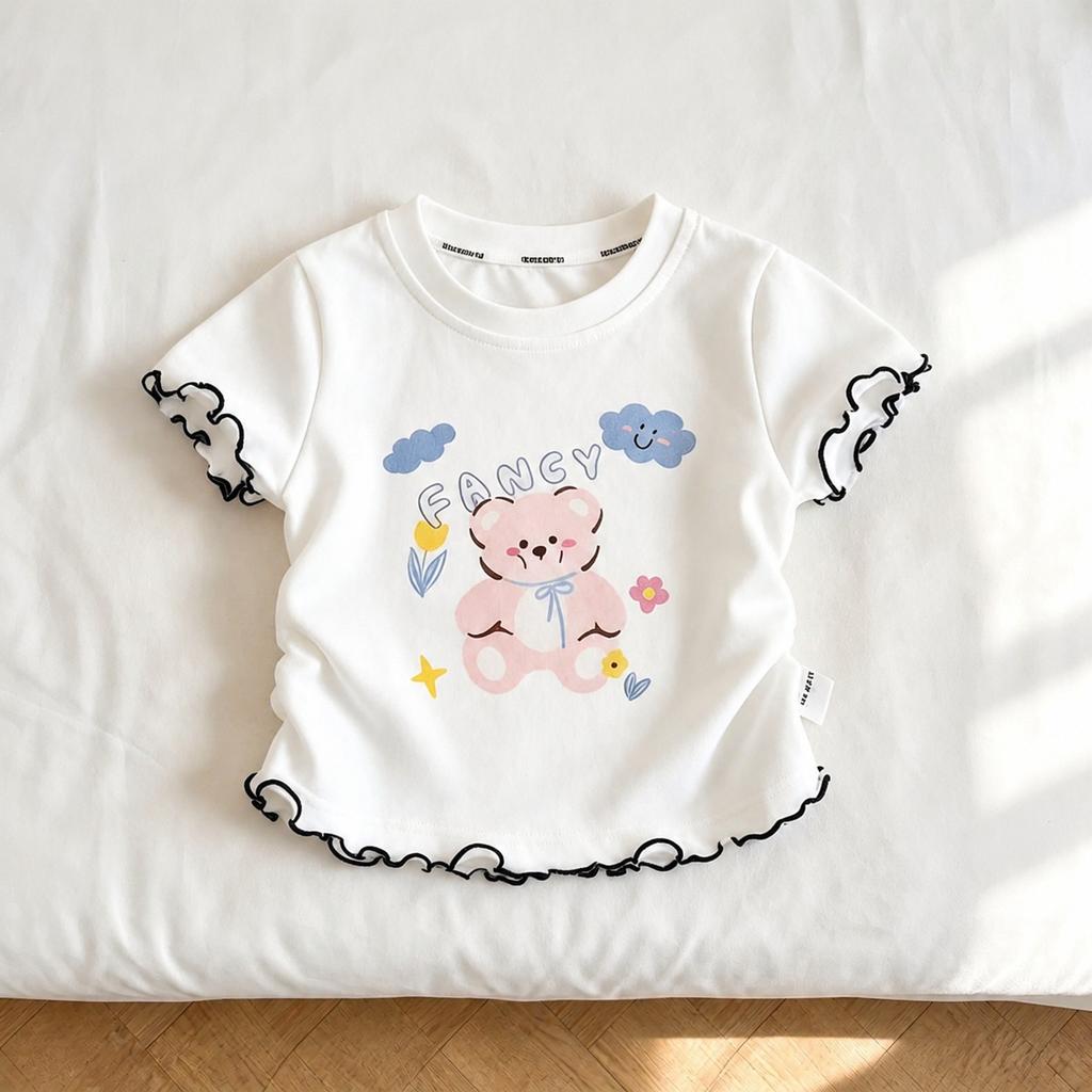 Girls Summer Ruffle Crew Neck Short Sleeve T Shirt Cute Print Baby Top