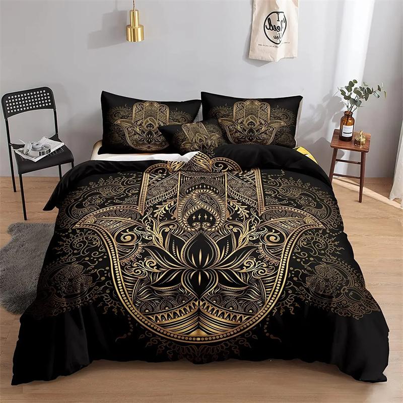Mandala Buddha Duvet Cover CollectionBohemian Bedding Collection Golden Black Lotus Flowers Print Luxury Microfiber Polyester Comforter Cover