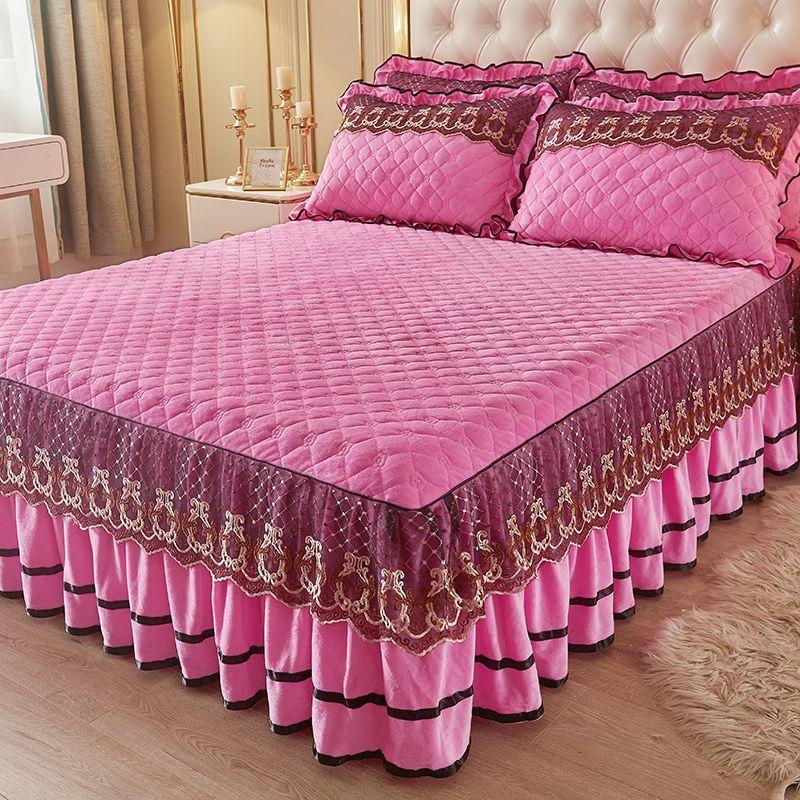 3-teiliges gestepptes Bettvolant-Set Prinzessin Spitze Verdickte Bettdecke, Yamame Rutschfeste Bettdecke Schutzhülle Bettwäsche Vier Jahreszeiten