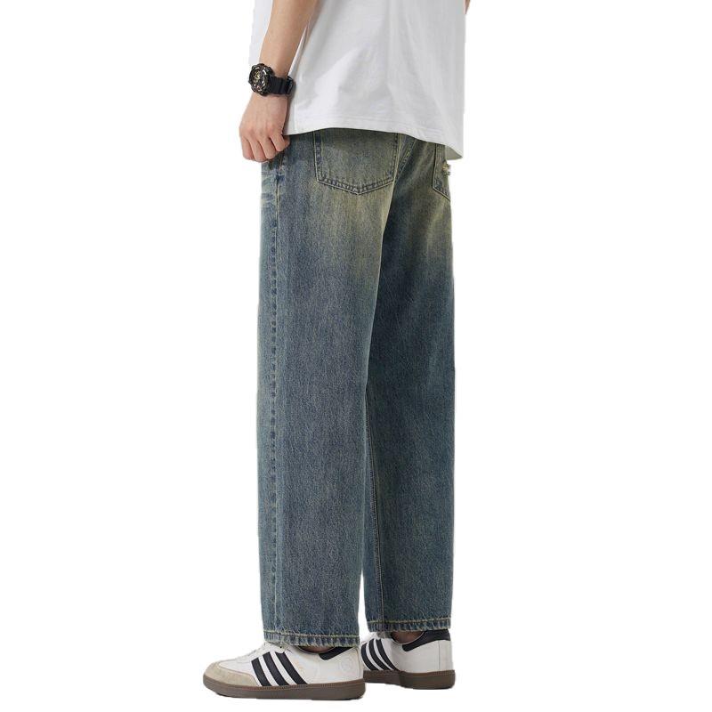 American retro trendy brand washed old nine-point jeans men's summer new loose wide-leg straight ripped pants