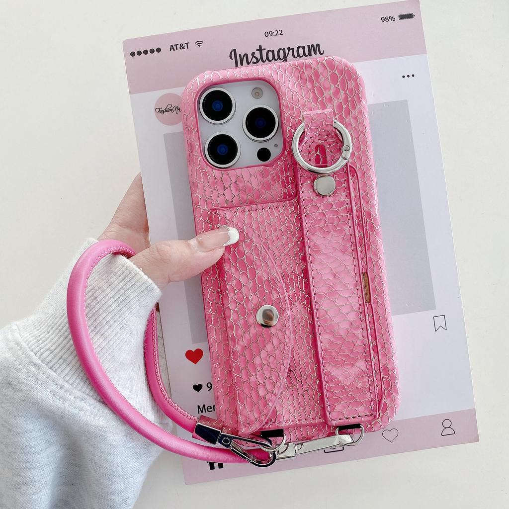 For iPhone 15 Pro Case Card Holder Wristband Lacquered Snake Texture PU+PC Back Cover with Lanyard