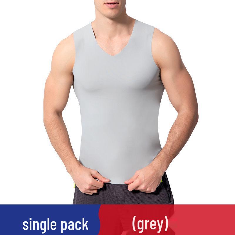 Ice Silk Men's Seamless V-neck Vest: Slimming, Stretchy, Solid Color Sports Base Layer Pajama