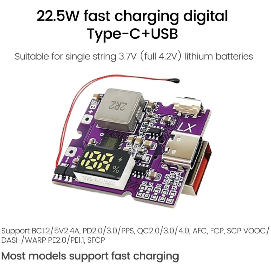

22.5W Power Bank Двонаправлена Швидка Зарядка Модуль Мобільного Живлення Плата Схеми З Цифровим/Світловим Дисплеєм Type-C USB Підтримка PD/QC3.0 2.0