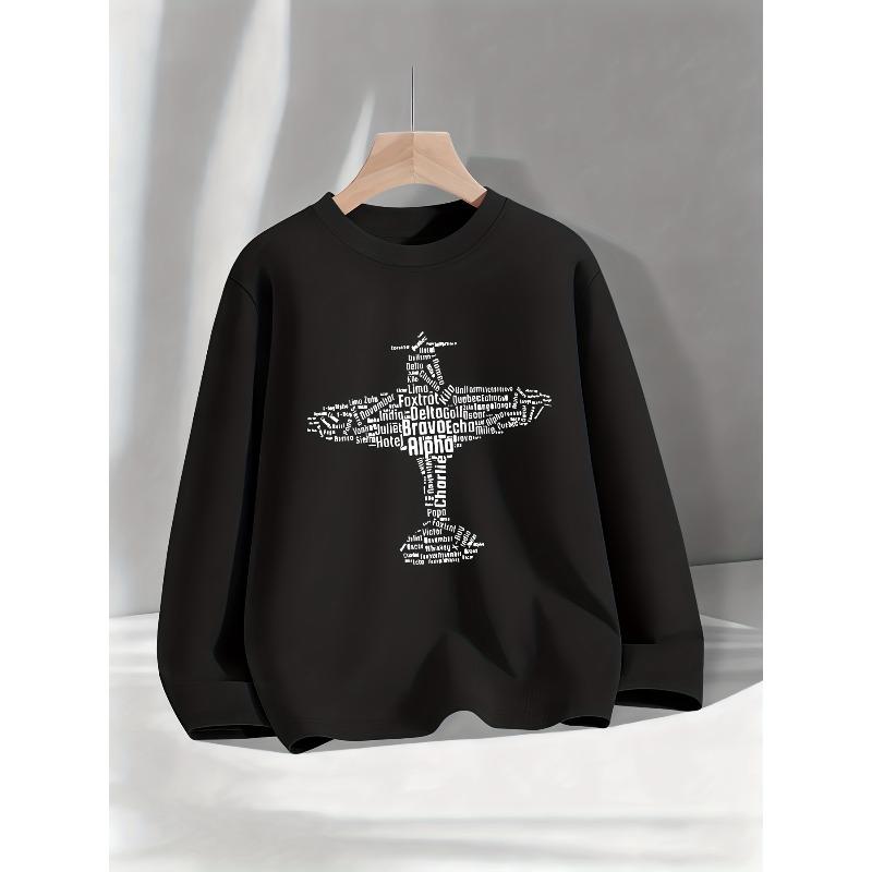 Kids Print Sweatshirt Casual Stylish Round Neck Long Sleeve T-Shirt with Creative Text And Airplane Shape Print