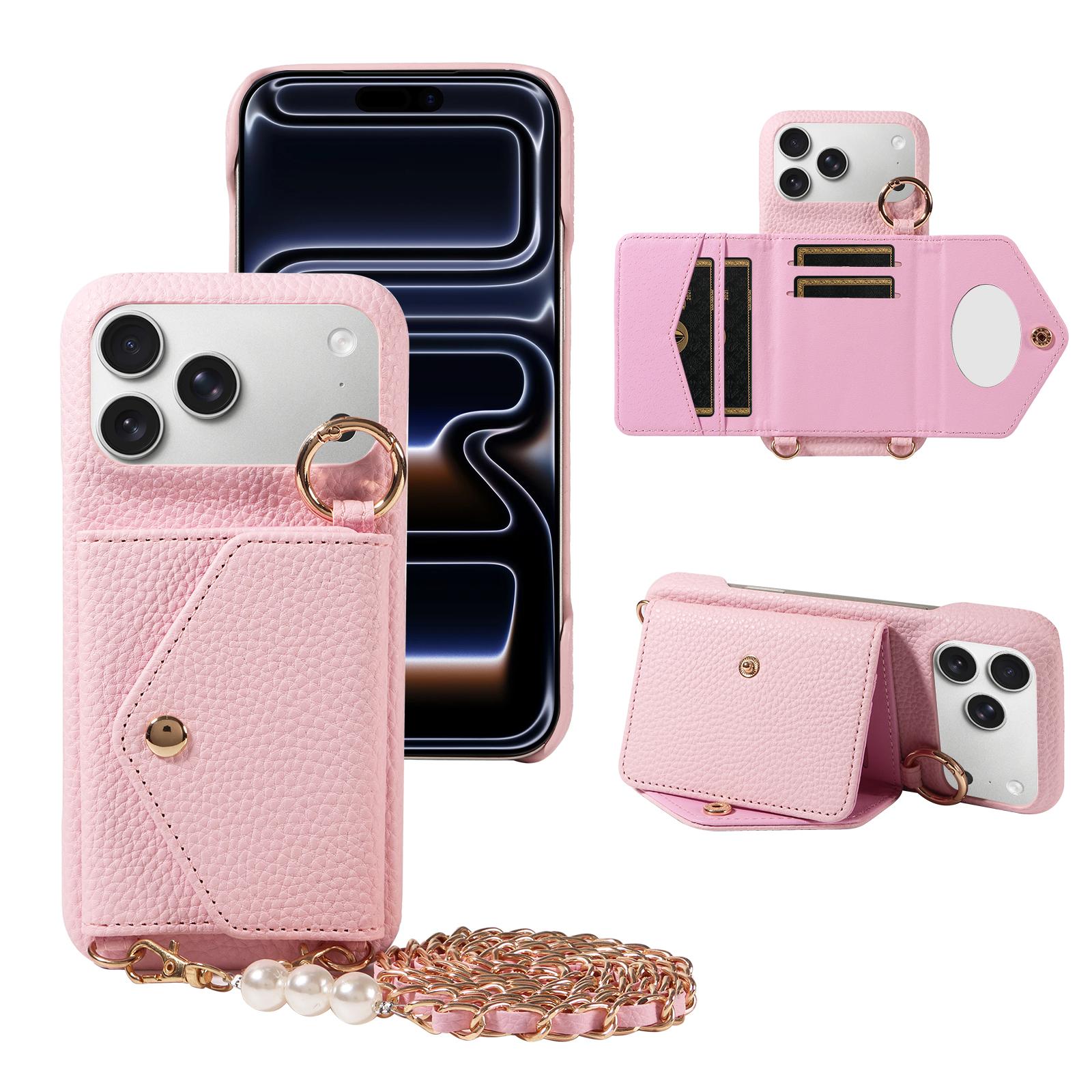 

New Design PU Leather Phone Case for IPhone17 16 15 14 13 12 11 Pro Max Plus Mini Crossbody Shockproof Wallet Case with Mirror iPhone 16 Pro Max розовый