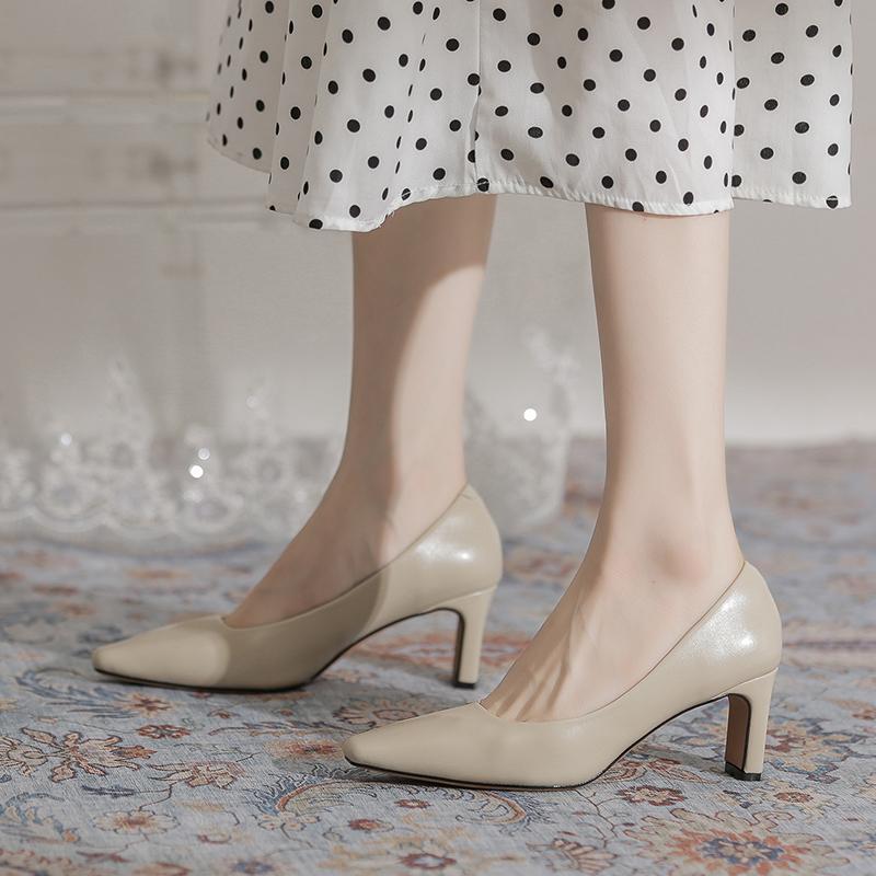 Spring Ins Elegant Women 5cm Block High Heels Pumps Designer Office Lady Square Toe Brown Beige Heels Wedding Dress Shoes