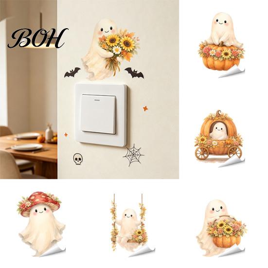 Decorative Socket Plate Covers Cute Ghost Halloween Switch Stickers, Removable Self-Adhesive Outlet Cover Floral Pattern Wall Decor Decals,