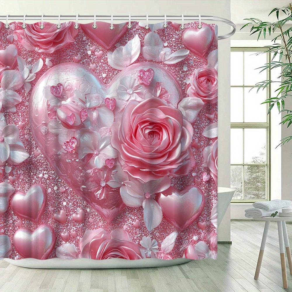 Romantic Rose Heart Shower Curtain - Waterproof, Mildew-Resistant With Glittery Love Design For Valentine'S Day Bathroom Decor