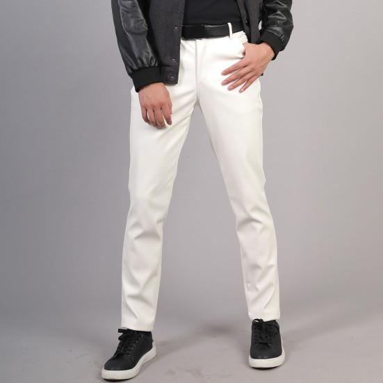 Men Faux Leather Pants Mid Waist Slim Fit Smooth Button Zipper Placket Solid Color Waterproof Hip Hop Style Streetwear Party Club Performance Trousers