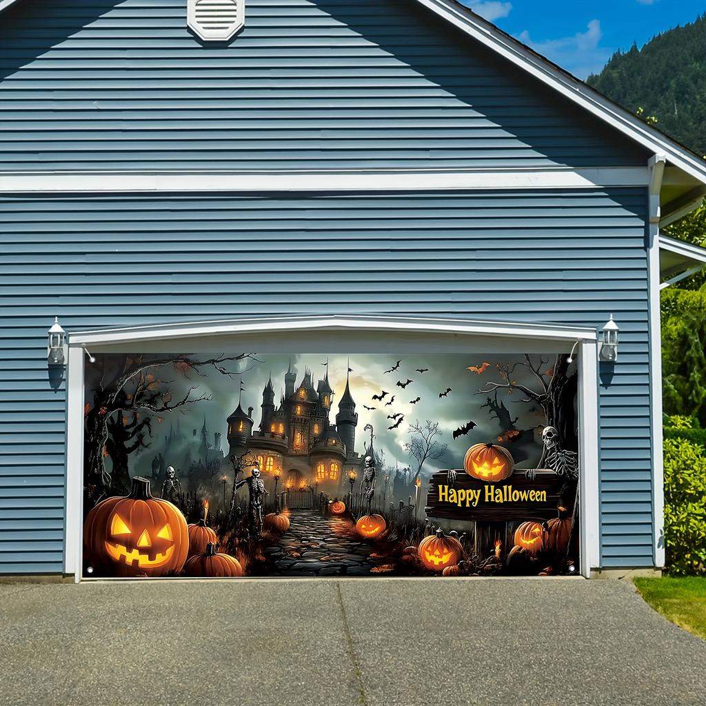 2D Banner 1 piece Spooky Halloween - Scary pumpkin and skeleton design with haunted house themed outdoor decorations