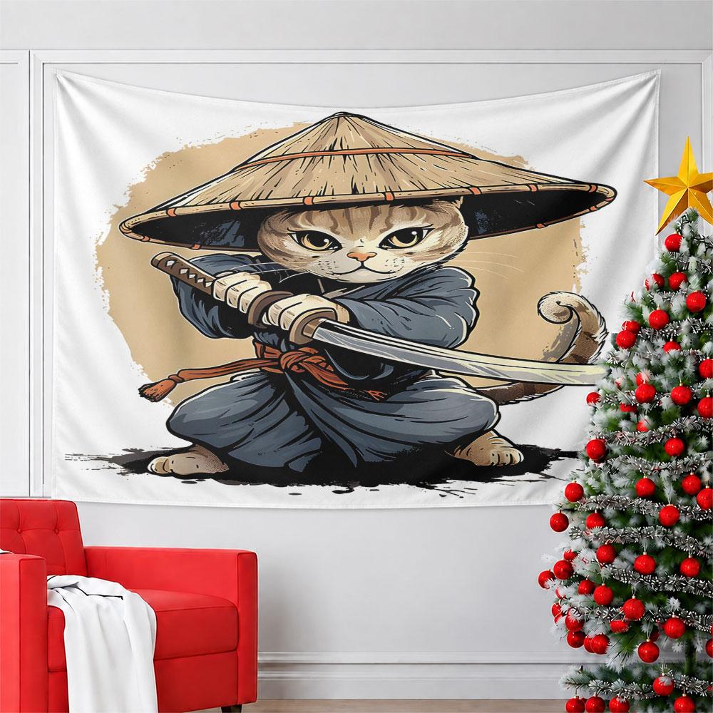Samurai Cat Warrior Artwork Pattern Wall Hanging Tapestry Decorative Tapestry Home Decor for Bedroom and Living Room