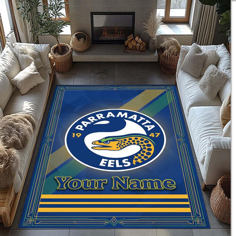 Parramatta Eels Crystal Velvet Rug, Custom Name Text Personalized Non‑Slip Floor Mat for Home Decor Gift