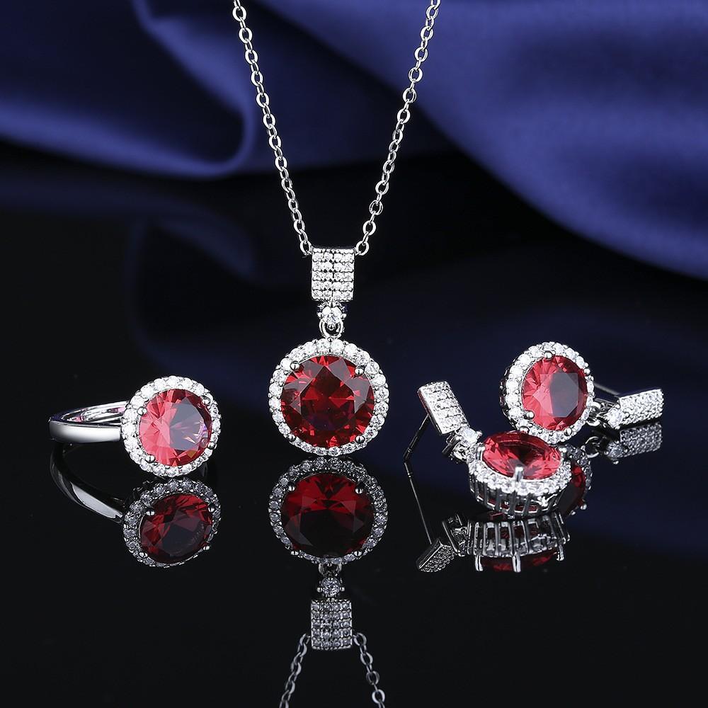 New Colored Treasure Ruby Pigeon Blood Red Set Retro Copper Inlaid Zircon Diamond Ring Necklace Stud Earrings Women Ring Size:Adjustable