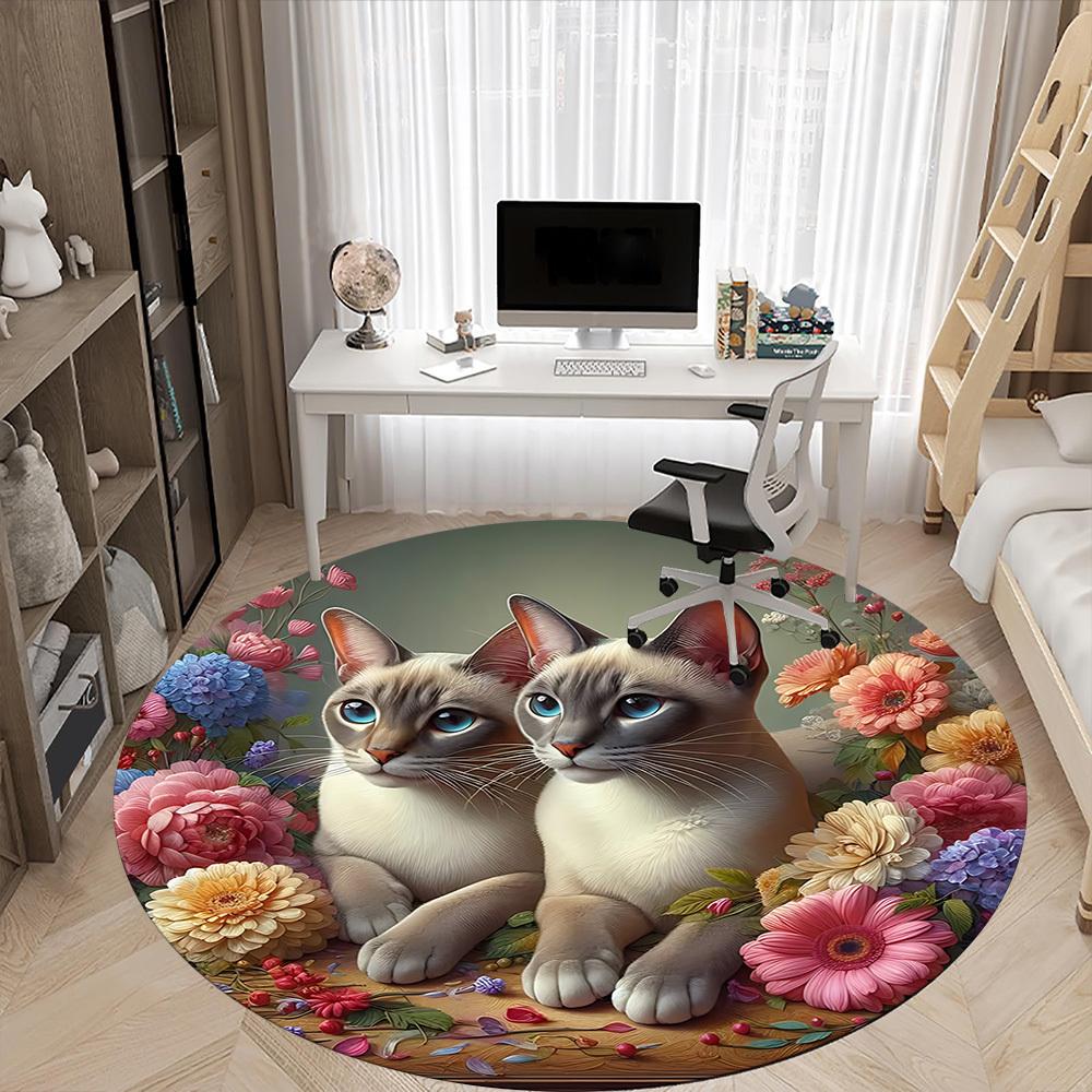 1pc Cats Flowers Office Round Rug, Carpet for Office, Gaming, Lightweight Round Floor Mat yy260205063
