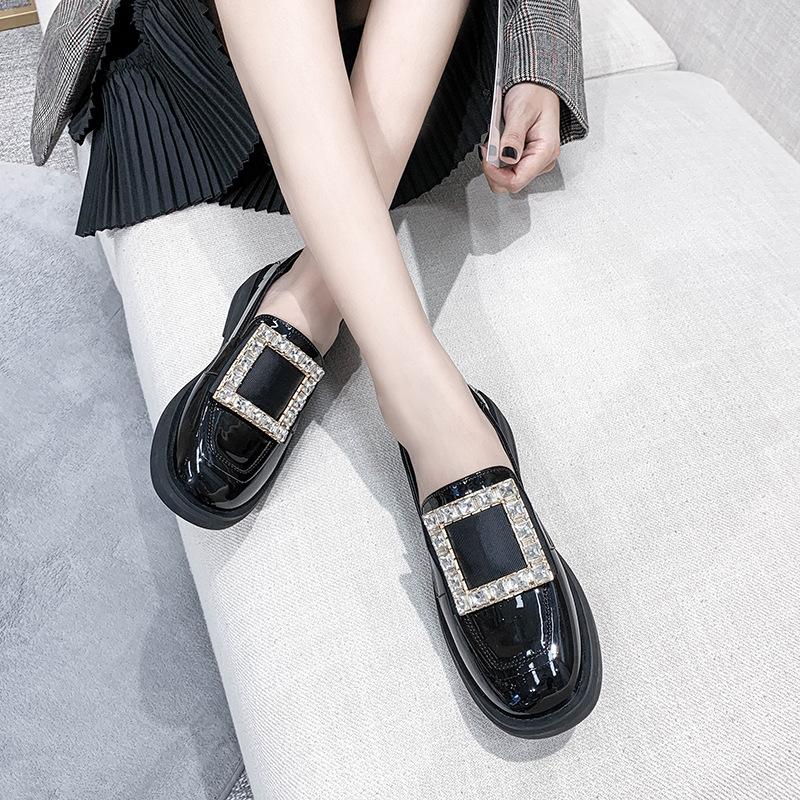 

Fashion Small Patent Leather Shoes Ladies Crystal Buckle Flats Woman Thick Low Heel Oxford Lolita Office Dress Mocasine Femme Mary Janes 4.5 чёрный