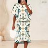 Women Plus Size Two Piece Outfit Round Neck Batwing Sleeve Geometric Printed Ruffle Hem Top Fishtail Skirt Set