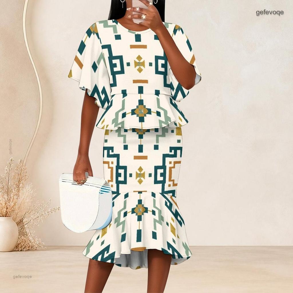 Women Plus Size Two Piece Outfit Round Neck Batwing Sleeve Geometric Printed Ruffle Hem Top Fishtail Skirt Set