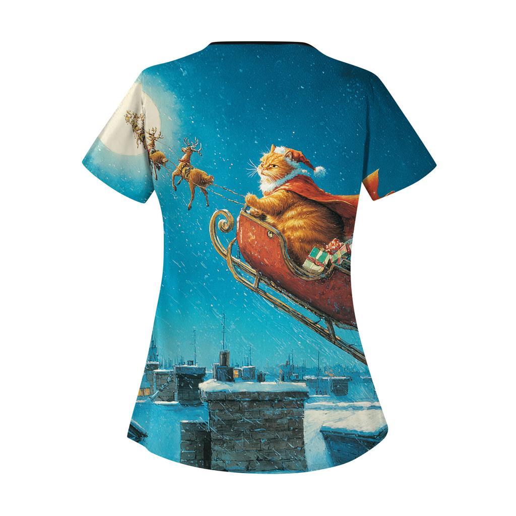 Women's Printed Work Clothes, Sloping Collar And Double Layer Pockets, Basic Top Pullover