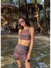 2025 Vintage Korean Striped Backless Tie-Up Swimsuit with Split Skirt for Women