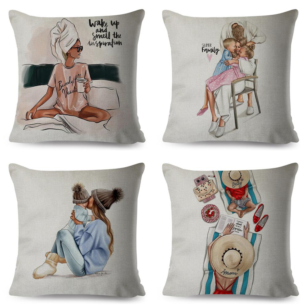 Fashion Cute Cartoon Super Mama Husă de pernă In 45*45cm Decor Mamă și Bebeluș Față de Pernă pentru Canapea Acasă Față de Pernă Super Daddy